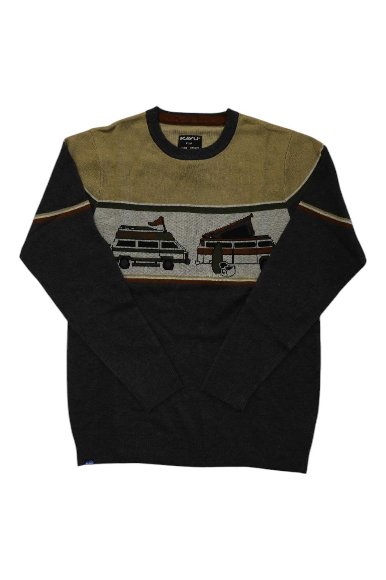 The Kavu Mens Highline Sweater is a long-sleeve crewneck with olive and black panels, featuring a birdseye jacquard knit of two vans—one with a canoe on top and a dog beside them—across the chest; perfect for outdoor wear.