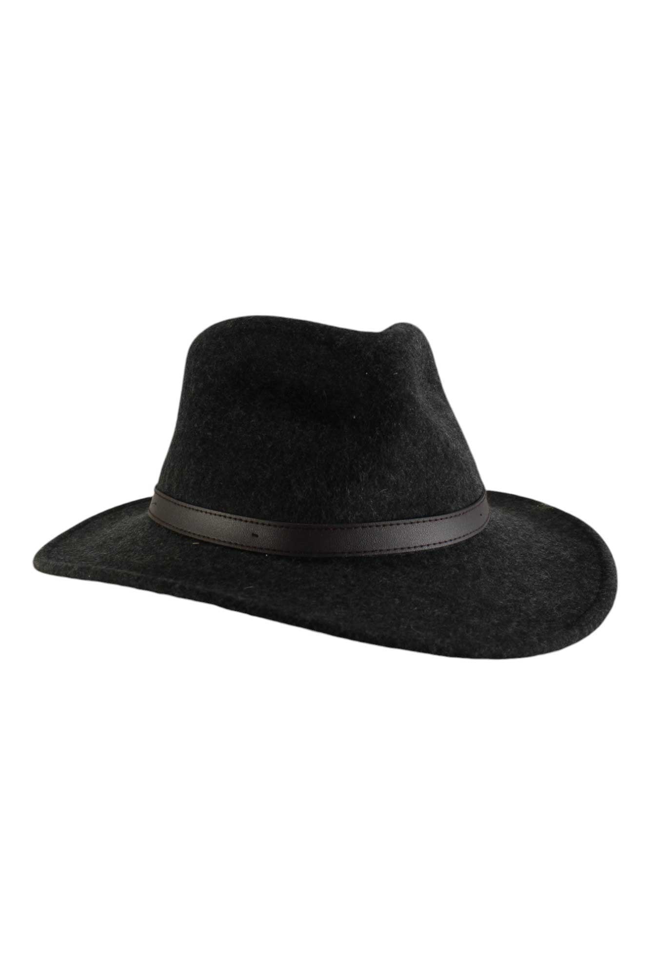 The Sunday Afternoons Montana Hat is made from black wool felt with a wide brim for sun protection, featuring an indented crown and a dark leather band around the base.