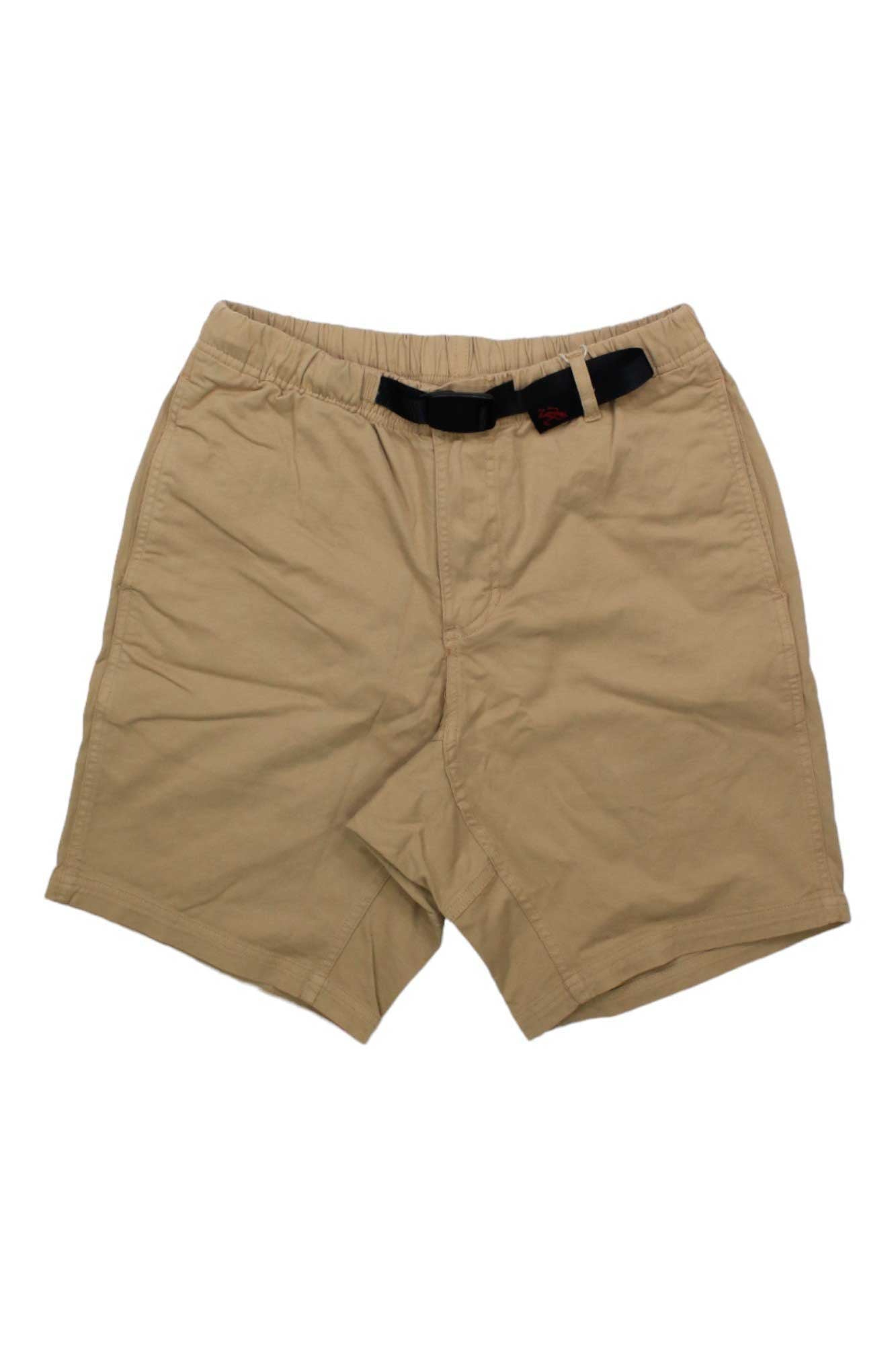 The Gramicci Mens NN-Short is a beige, knee-length hiking short with an adjustable waistband, side pockets, and an integrated black buckle belt, shown laid flat on a white background.