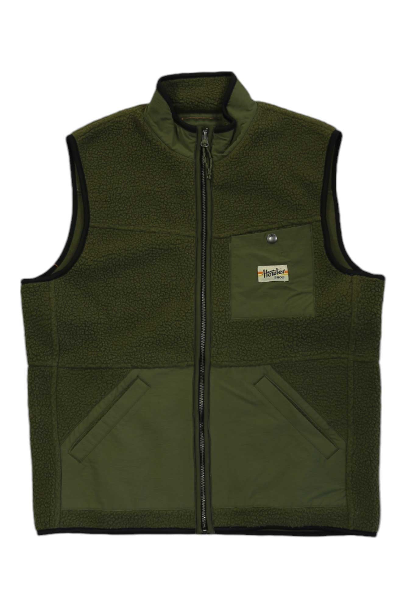 The Howler Brothers Mens Chisos Fleece Vest is a sleeveless olive green zip-front vest with two slanted hand pockets, a chest pocket with a button flap, and a small "Hysteric" logo patch—ideal for your next hike.
