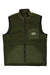 The Howler Brothers Mens Chisos Fleece Vest is a sleeveless olive green zip-front vest with two slanted hand pockets, a chest pocket with a button flap, and a small "Hysteric" logo patch—ideal for your next hike.