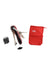 Red storage bag with rolled ski skins and small black accessories