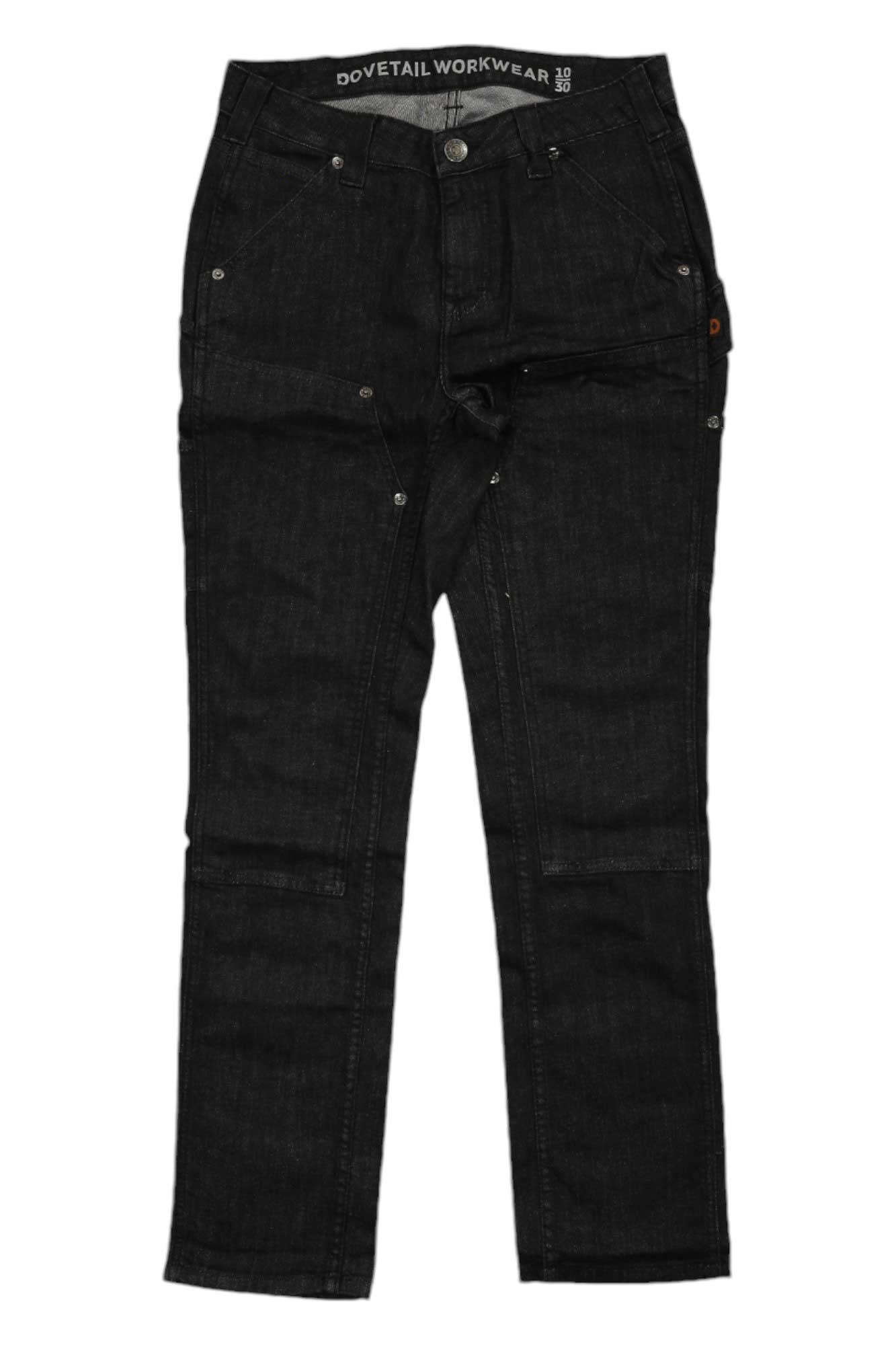 Women's slim black pants with tapered legs, belt loops, and multiple front pocket openings