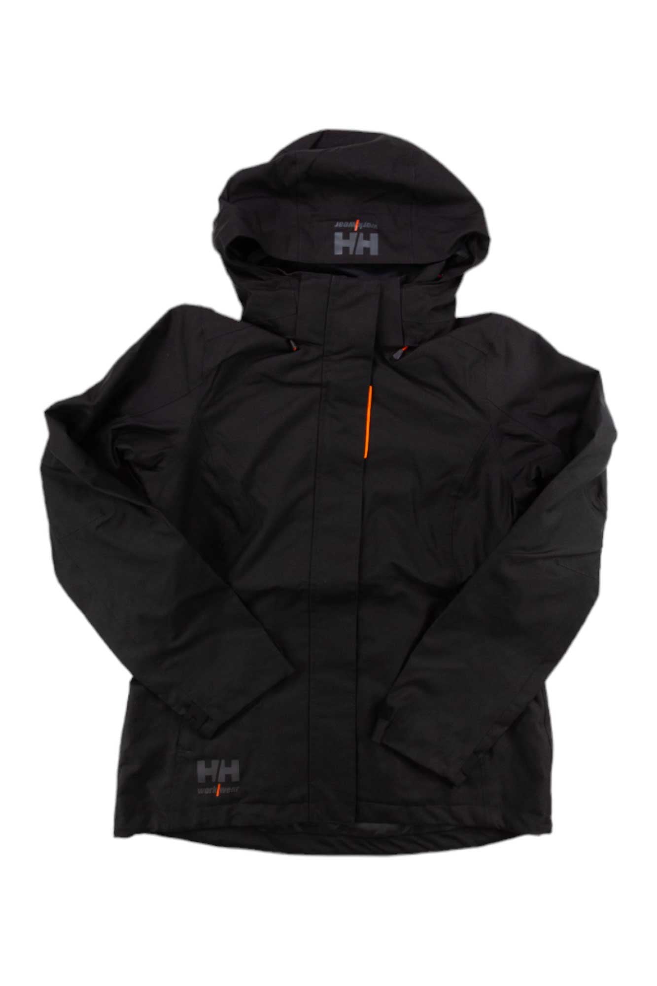 The Helly Hansen Women's Luna Shell Jacket in black features a hood, front zipper with an orange pull accent, and Helly Hansen logos on the chest and lower left. This breathable jacket is laid flat against a white background.