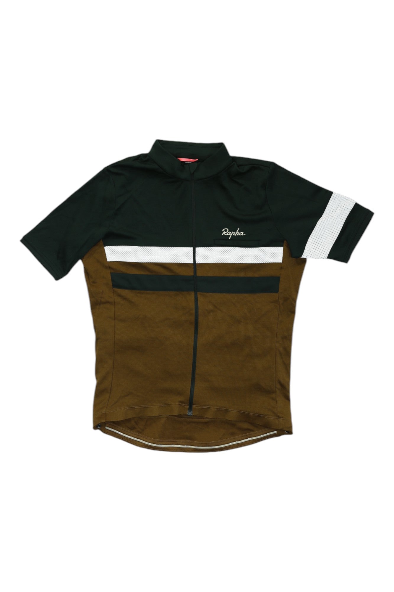 The Rapha Brevet Jersey II is a short-sleeve merino cycling top featuring a dark green upper, brown lower half, white horizontal stripes, full front zipper, and "Rapha" on the chest—perfect for long-distance rides.