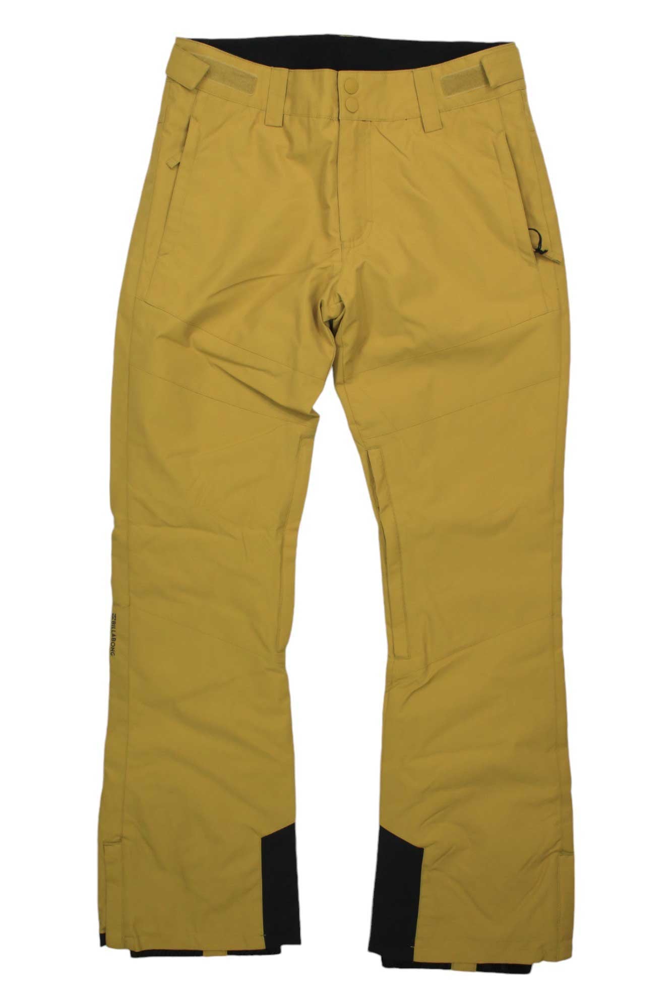 The Billabong Womens Malla Pant, shown in yellow with black accents on the inner ankles, features front button and zip closure, belt loops, zippered front pockets, and reinforced knees. Pants are laid flat on a white background.