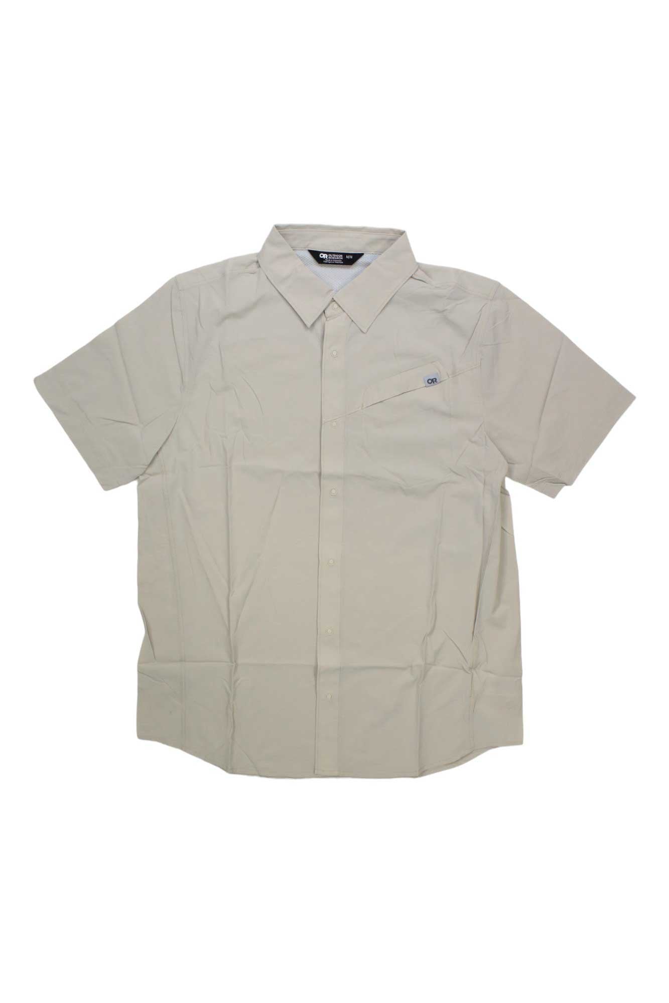 The Outdoor Research Men's Astroman SS Sun Shirt is a beige, short-sleeve, collared button-up with a chest pocket and UPF 50+ sun protection, shown flat against a white background.