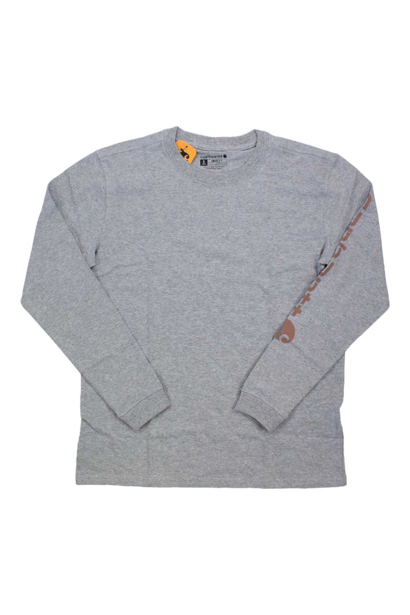 The Carhartt Womens WK231 Workwear Sleeve Logo LS T-Shirt in light gray features an orange graphic on the right sleeve and a small orange collar tag. Made with moisture-wicking fabric, it's shown laid flat on a white background.