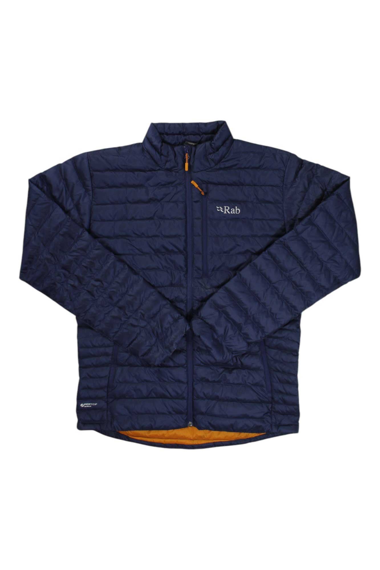 Rab Microlight puffer jacket for men, navy blue with orange/yellow hem trim and zip