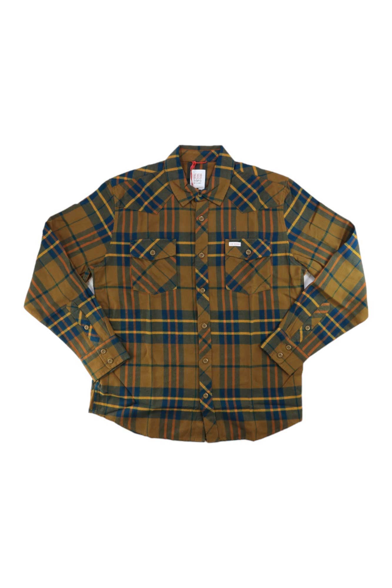The Topo Designs Mens Mountain Shirt Plaid is a long-sleeve, button-up shirt made from organic cotton in yellow, blue, and green plaid. It features two chest pockets with buttoned flaps and is shown laid flat on a white background.