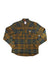The Topo Designs Mens Mountain Shirt Plaid is a long-sleeve, button-up shirt made from organic cotton in yellow, blue, and green plaid. It features two chest pockets with buttoned flaps and is shown laid flat on a white background.