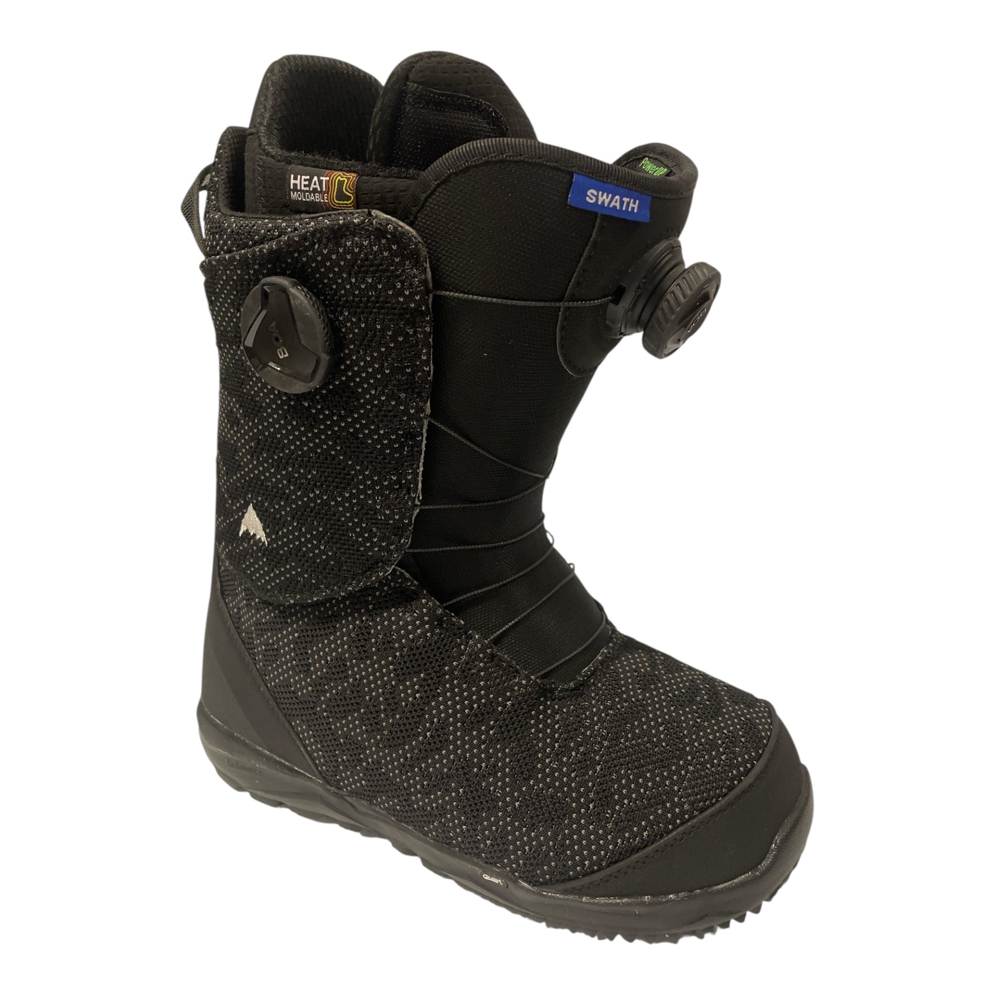 A single black Burton Mens Swath BOA Snowboard Boot with a textured finish and BOA closure system, featuring "HEAT" and "SWATH" side labels, is shown on a white background.