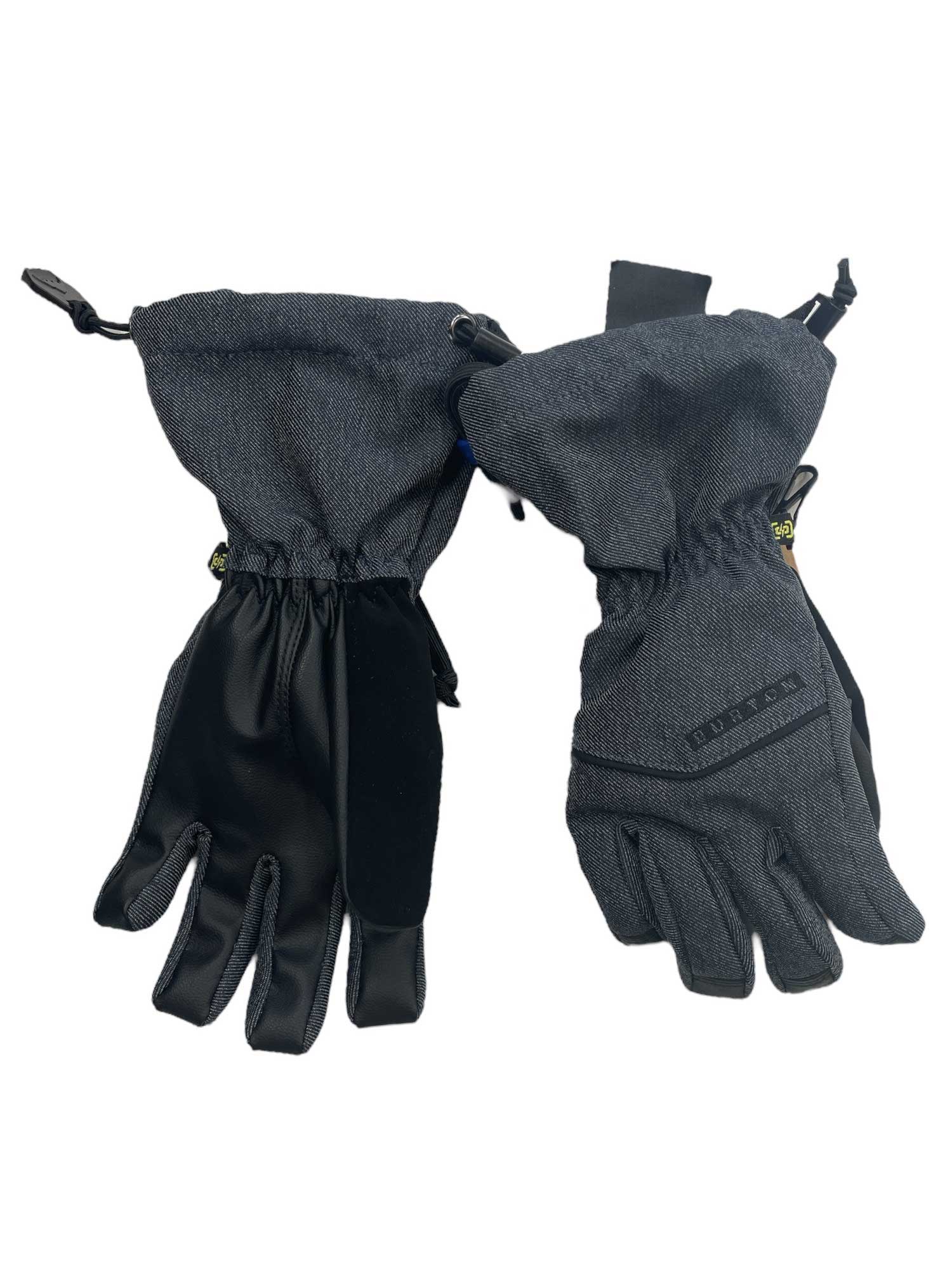 A pair of Burton Youth Profile Glove kids' winter gloves in dark gray with black palms and adjustable wrist cords, shown on a white background. One displays the palm; the other shows the back with a visible Burton logo.