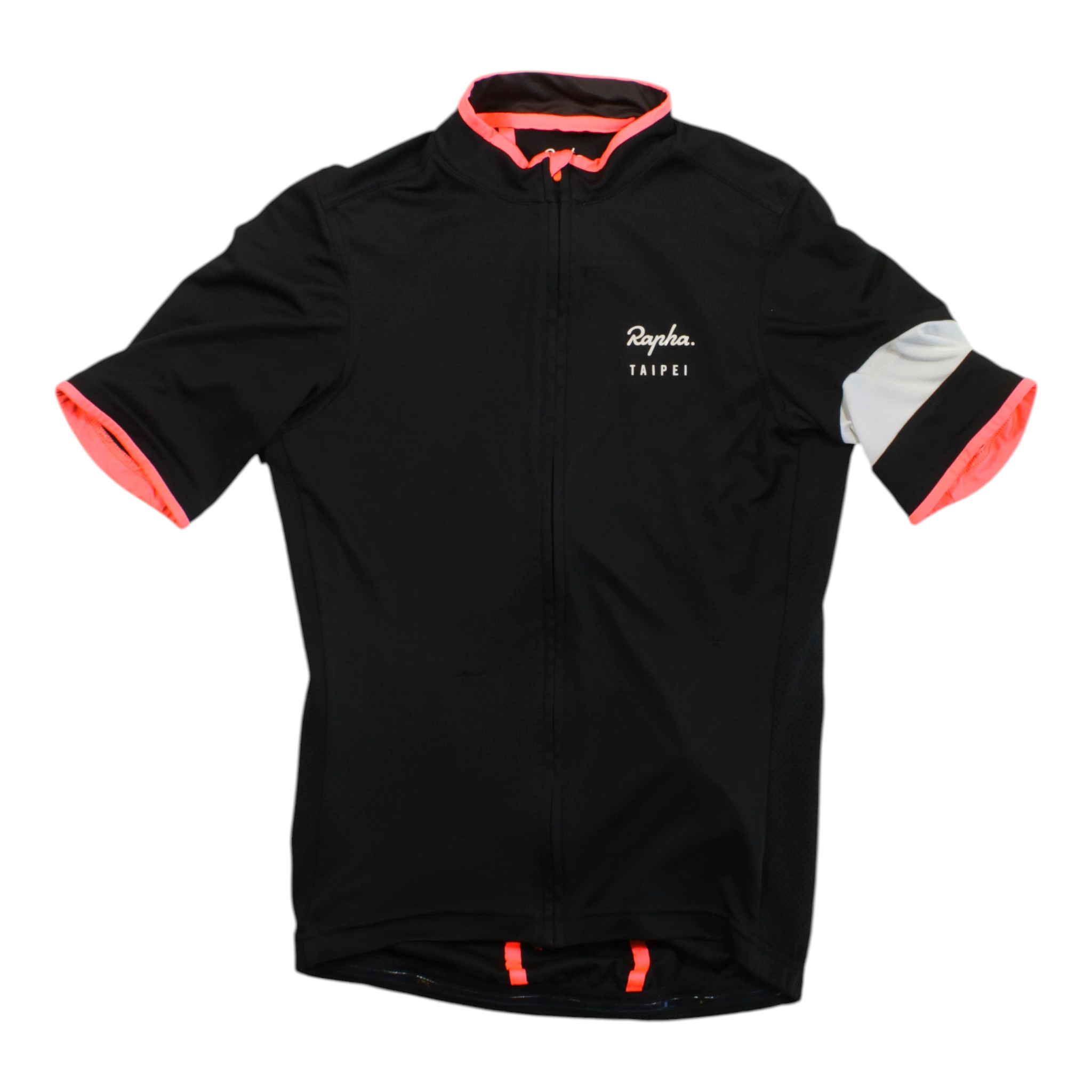 Men's Rapha super lightweight cycling jersey, black with orange-pink collar and white sleeve accents