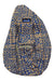 The KAVU Womens Rope Sling Bag features a blue and tan geometric and dotted pattern, is made from water-resistant 600D polyester, has a front zipper pocket, and displays the KAVU logo near the top.