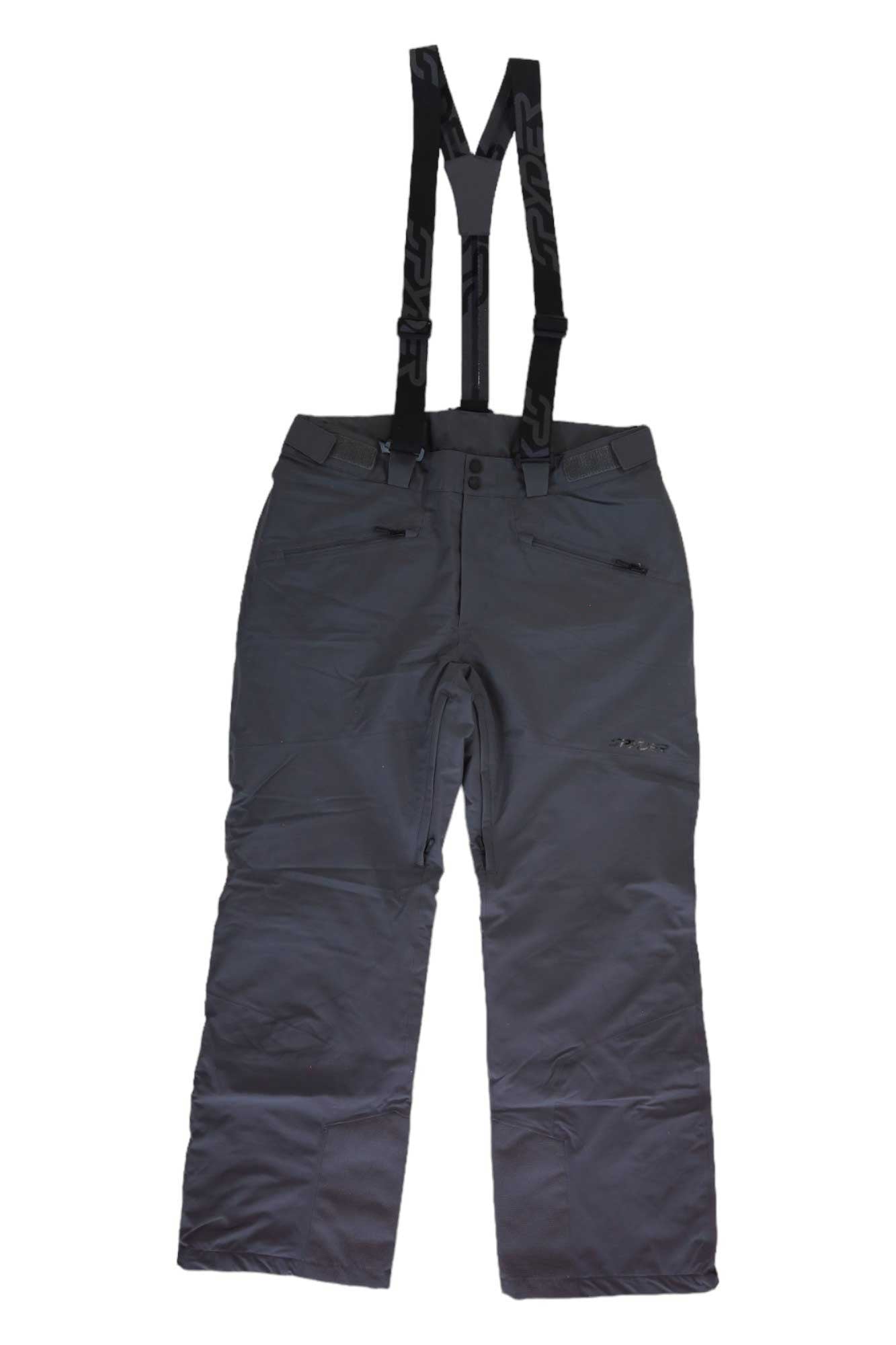 A pair of Spyder Mens Sentinel Pants in dark gray with black adjustable suspenders, front zipper, button closure, waterproof fabric, multiple zippered pockets, and Primaloft insulation laid flat on a white background.