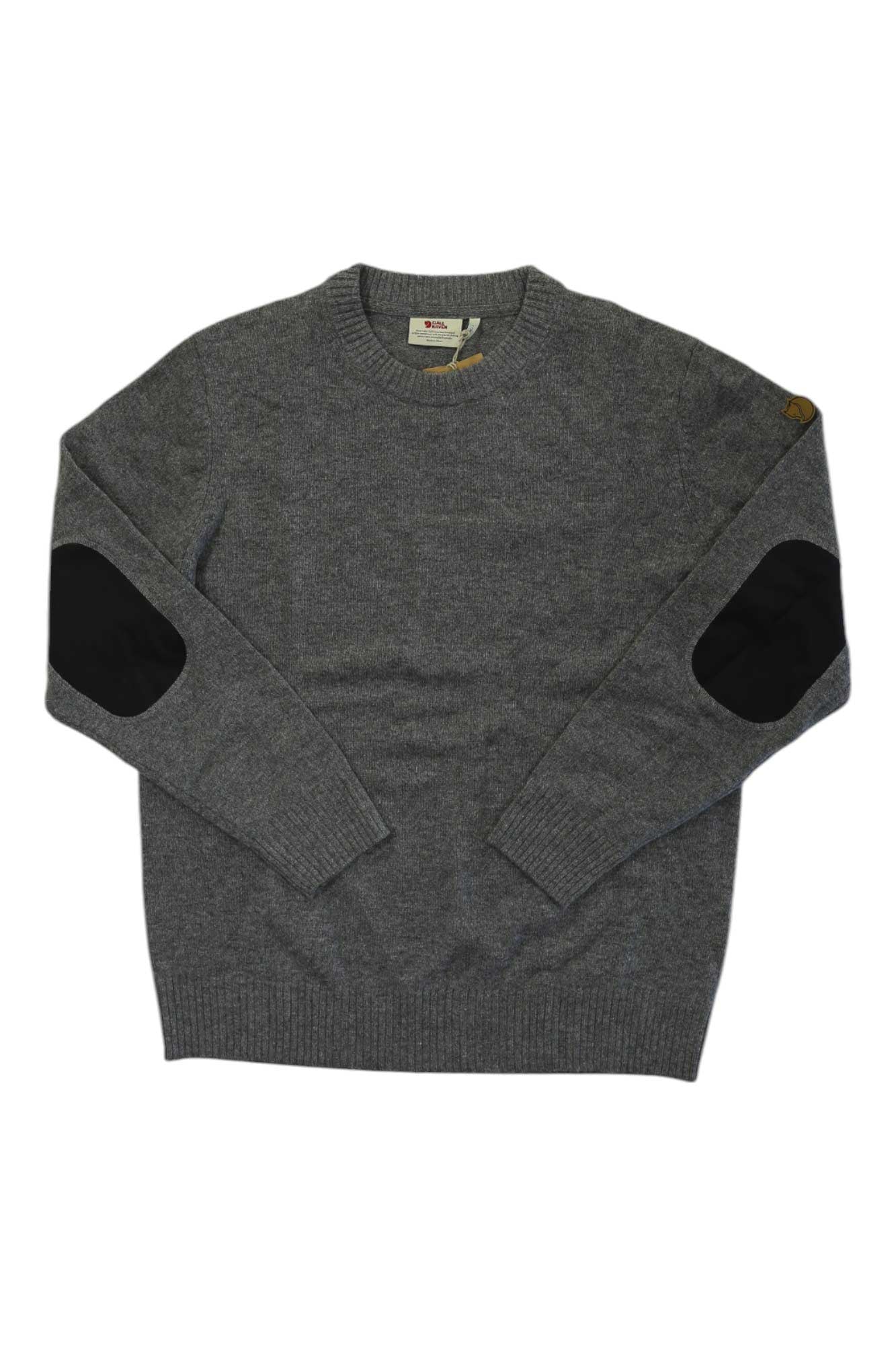 The Fjallraven Mens Ovik Round Neck Sweater is a gray outdoor mid-layer crewneck with black elbow patches on both sleeves, shown laid flat on a white background.