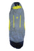 Sleeping bag with blue-gray shell, neon yellow panels, and dark navy foot end