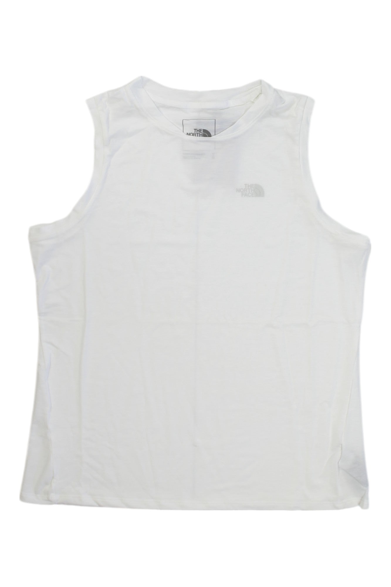 The Womens Wander Boxy Tank is a plain white athletic top with a small North Face logo on the upper left chest, shown laid flat on a white background. This moisture-wicking tank is designed for comfort and performance.
