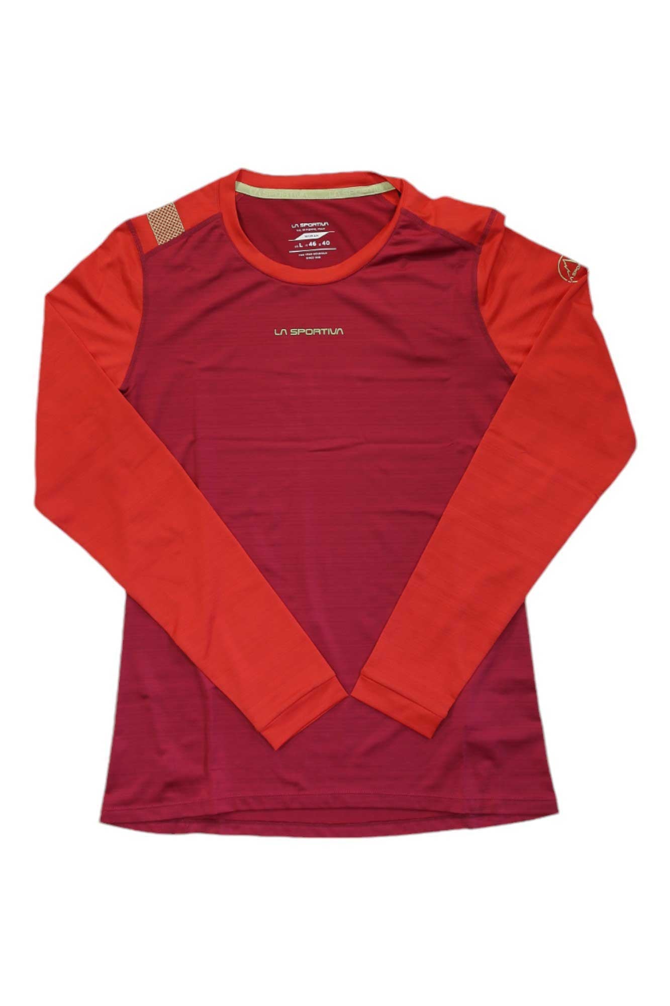 La Sportiva women's red long-sleeve crew-neck athletic top with contrast shoulder panel