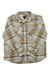 The Outdoor Research Women's Feedback Flannel Twill Shirt in beige, brown, and light blue plaid features moisture-wicking fabric and two chest pockets, shown laid flat on a white background.