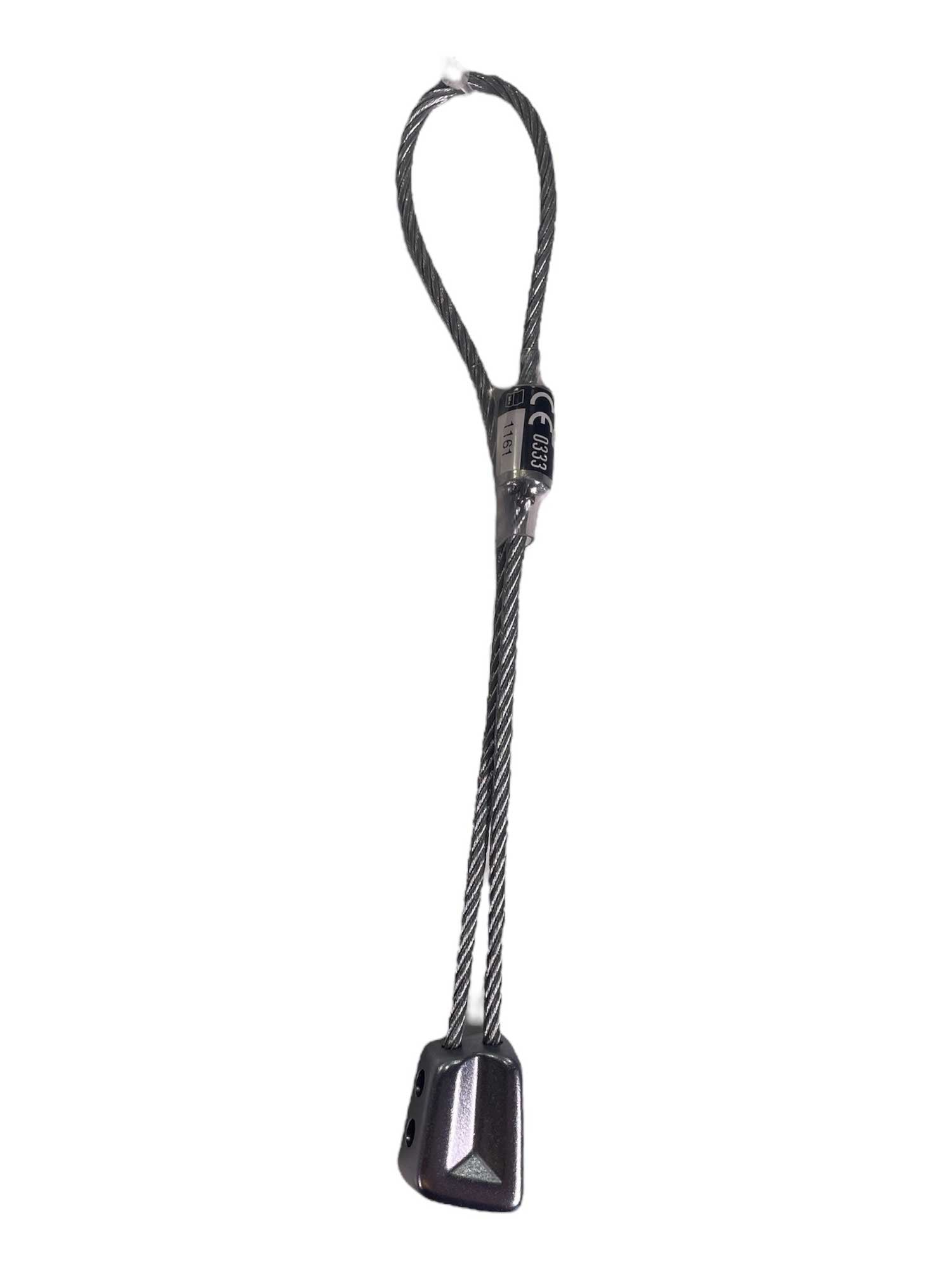The Black Diamond Offset Stopper is a climbing nut with a metal wedge on a looped steel cable, providing essential protection for traditional rock climbing.
