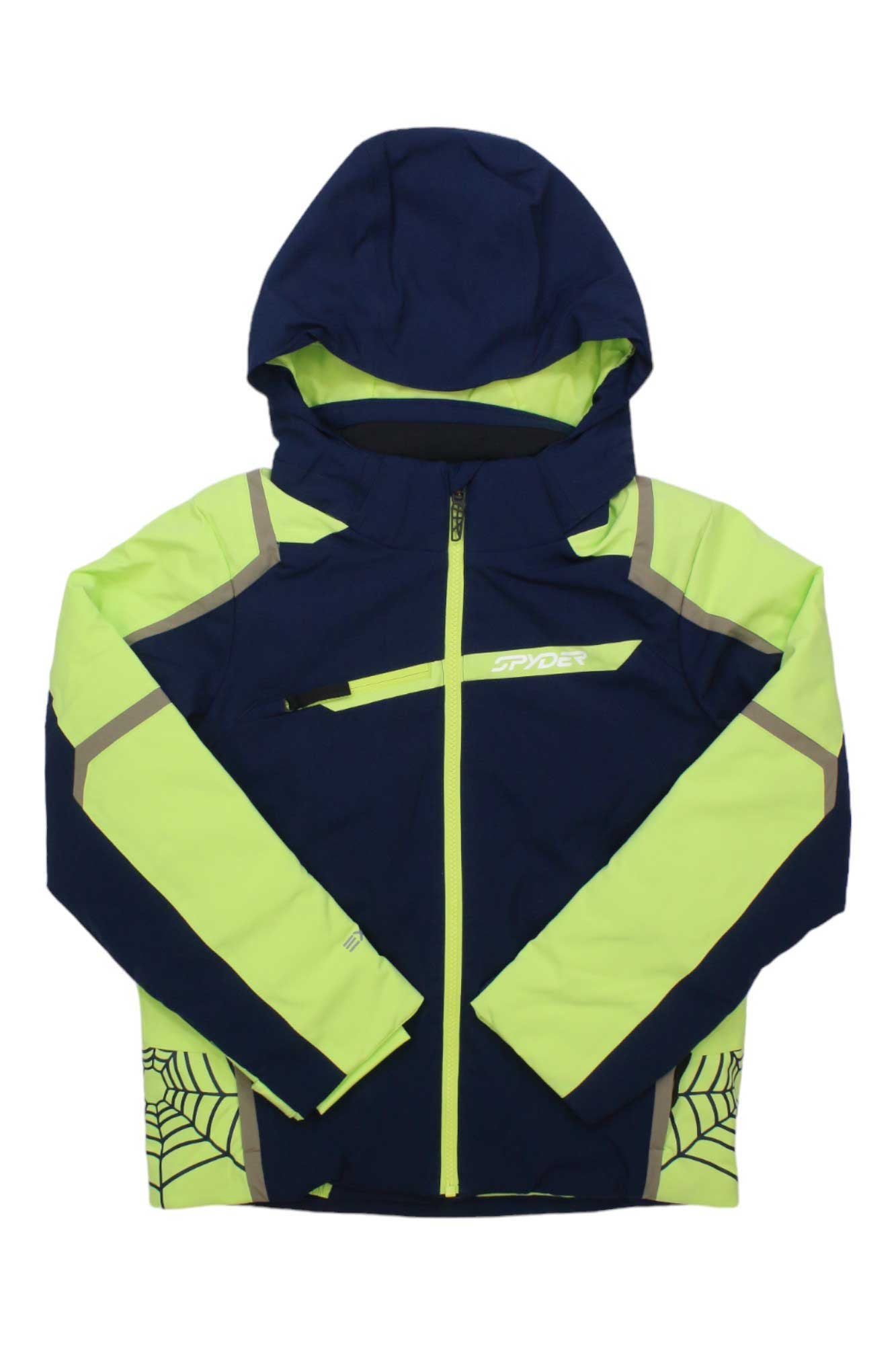 The Spyder Boys Challenger Jacket features a navy body, bright yellow-green sleeves, water-repellent fabric, front zipper, zippered chest pocket, and web pattern on the lower sleeves.