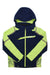 The Spyder Boys Challenger Jacket features a navy body, bright yellow-green sleeves, water-repellent fabric, front zipper, zippered chest pocket, and web pattern on the lower sleeves.