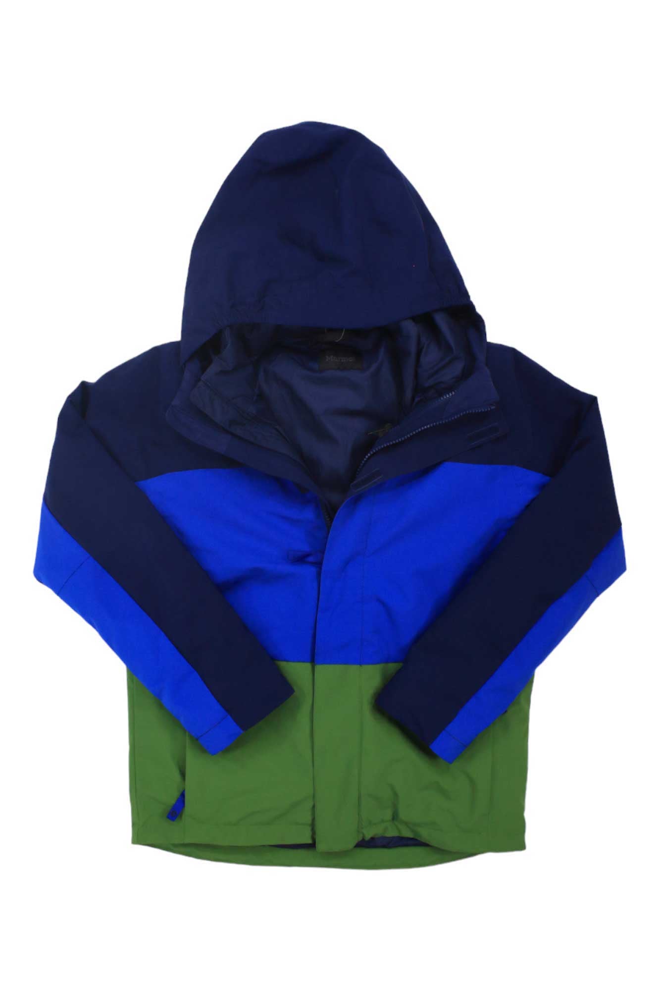 Kids Terrain comp jacket, hooded front-zip; dark navy with diagonal blue and green blocks.