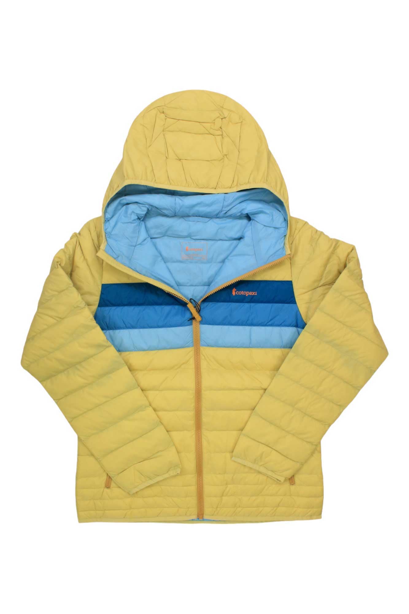 The Cotopaxi Kids Fuego Down Hooded Jacket is a yellow, water-resistant puffer with blue chest stripes, light blue lining, and a front zipper—perfect for keeping kids warm and stylish.