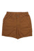 The Carhartt Womens Rugged Flex Relaxed Fit Canvas Work 6 Inch Short in brown features a button and zipper closure, belt loops, two roomy front pockets, and an elastic-back waistband for a comfortable fit.