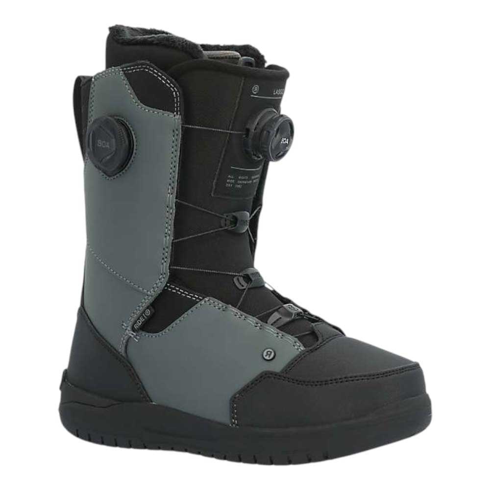 Mens snowboard boot, dark gray with black lacing and side buckle, padded collar