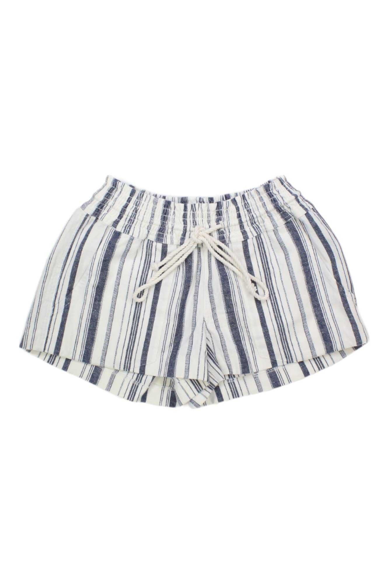 Roxy striped drawstring shorts with elastic waistband, navy and cream vertical stripes