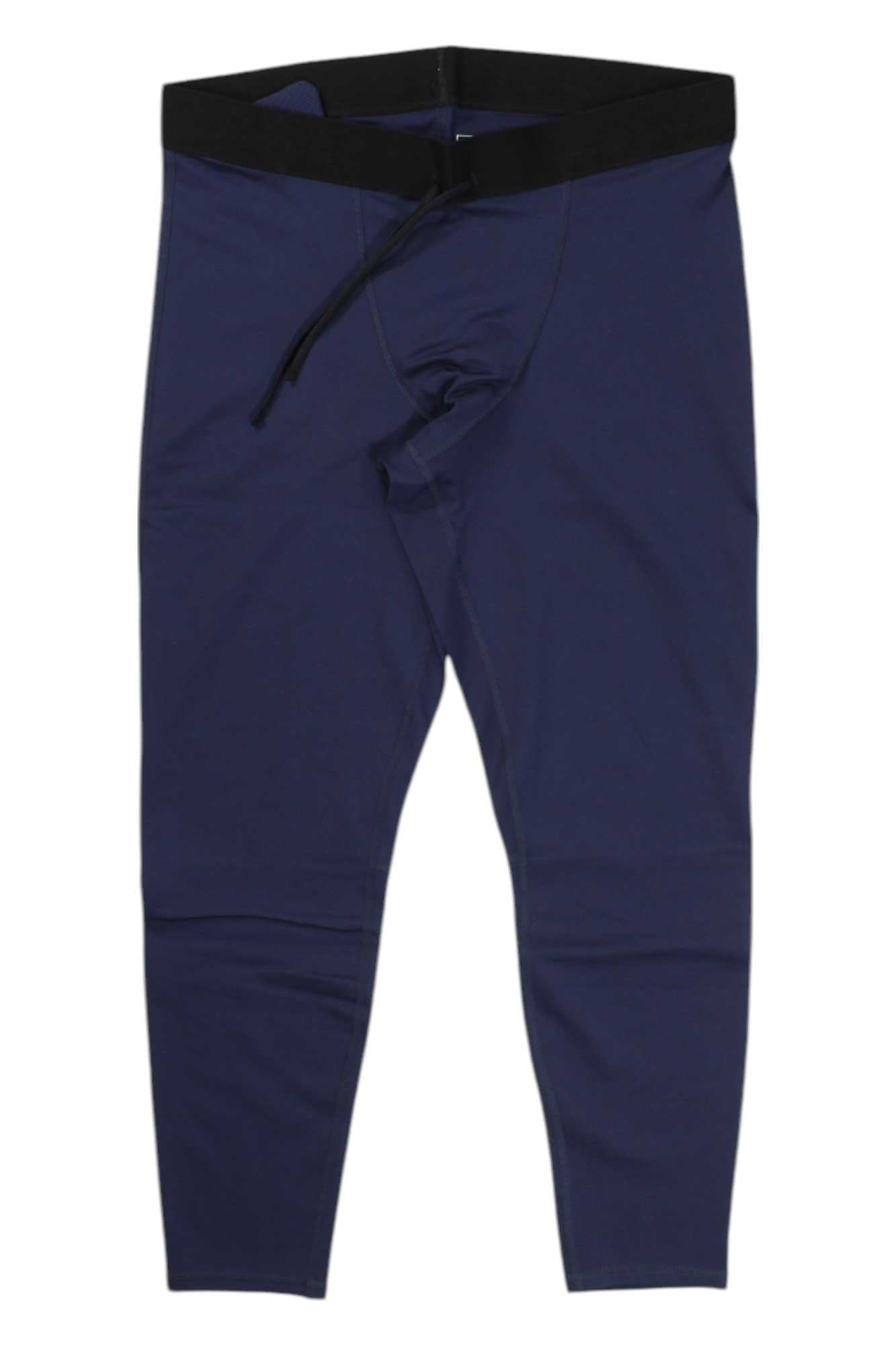 The North Face Mens Winter Warm Essential Legging in navy blue recycled polyester with a black waistband and drawstring, shown laid flat on a white background.
