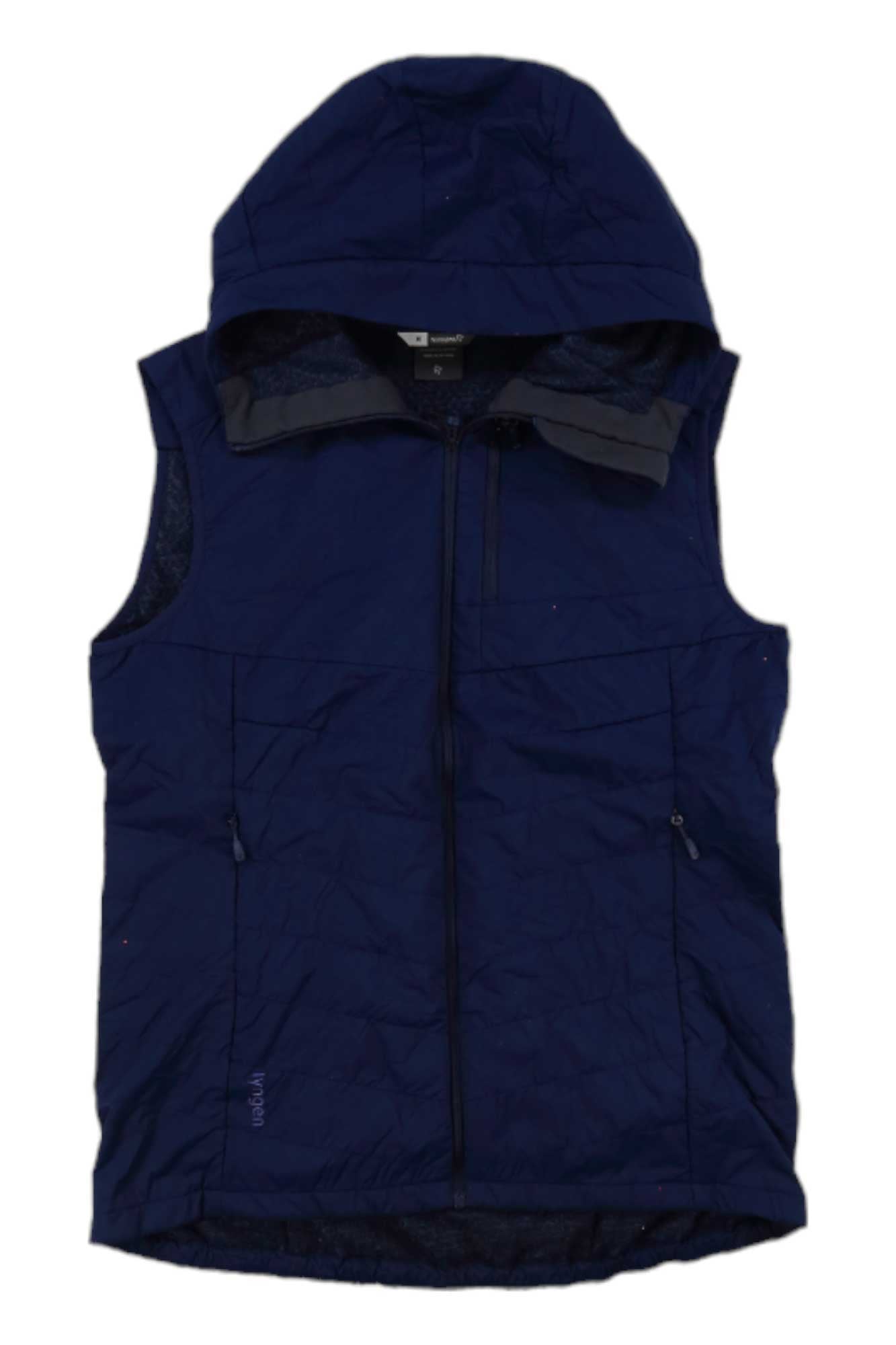 The Norrona Womens Lyngen Alpha90 Insulated Vest is a lightweight navy blue vest with Polartec Alpha insulation, front zipper, two zippered side pockets, and an attached hood, shown on a white background.