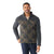 A man wears the Smartwool Men's Hudson Trail Fleece Full Zip Jacket—gray with a green and brown camo chest pattern, made from recycled wool—as he stands against a plain white background, looking forward with a slight smile.