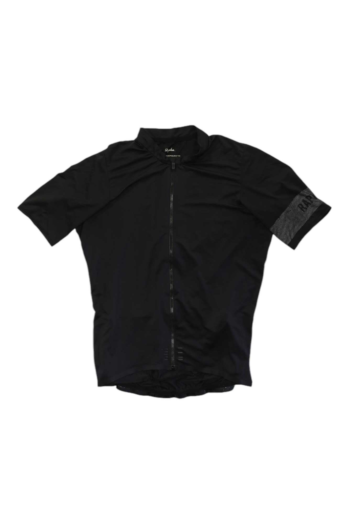 The Rapha Men's Pro Team Flyweight Jersey is a black, lightweight cycling jersey with short sleeves, a full front zipper, and a small gray logo on the left sleeve for an aerodynamic fit perfect for fast rides.
