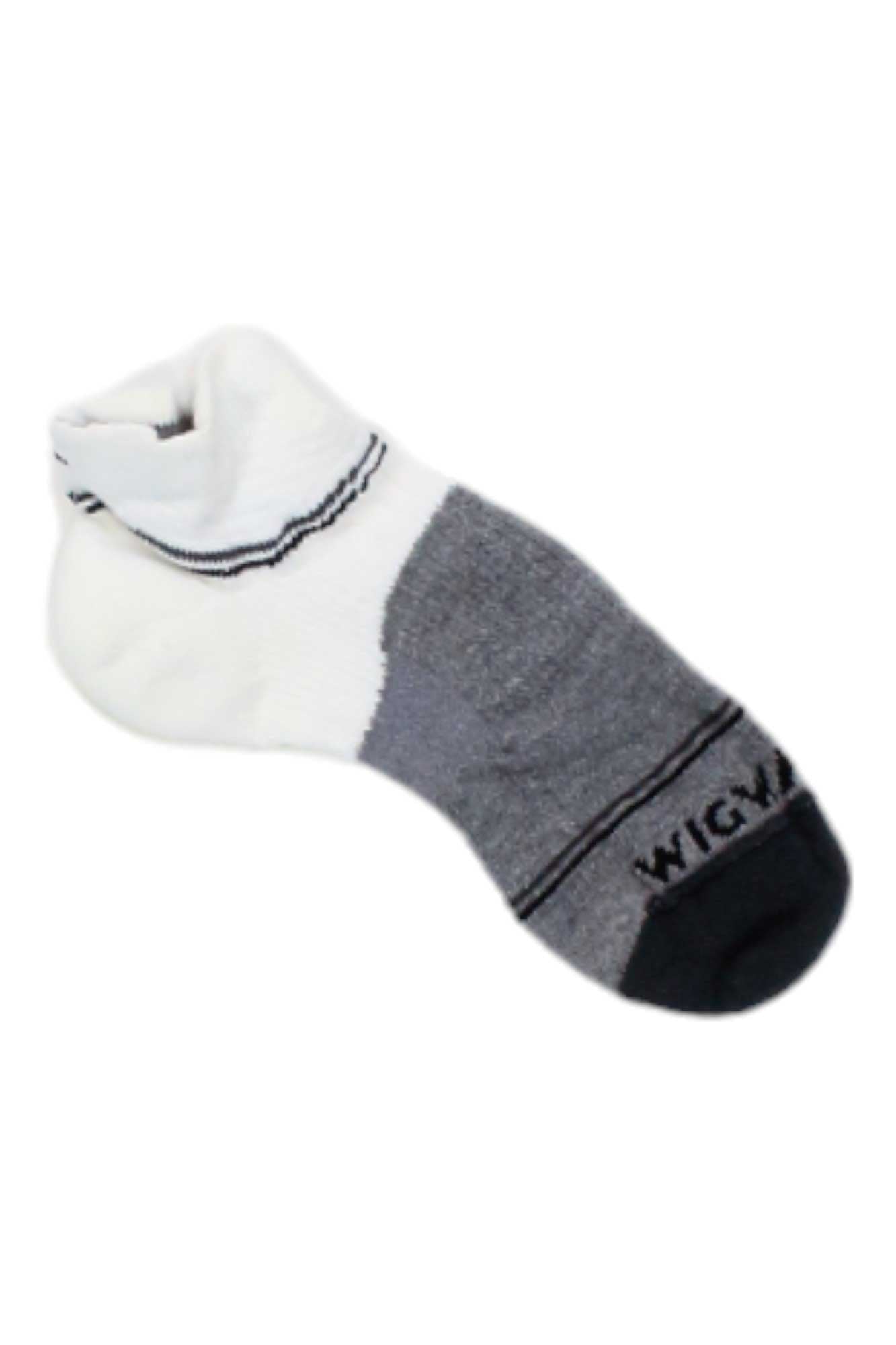 The Wigwam Surpass Lightweight Quarter Sock features a white cuff and heel, gray midsection, black toe, and "WIGWAM" printed near the toe—crafted for a precise fit that’s perfect for hiking enthusiasts.
