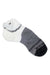 The Wigwam Surpass Lightweight Quarter Sock features a white cuff and heel, gray midsection, black toe, and "WIGWAM" printed near the toe—crafted for a precise fit that’s perfect for hiking enthusiasts.
