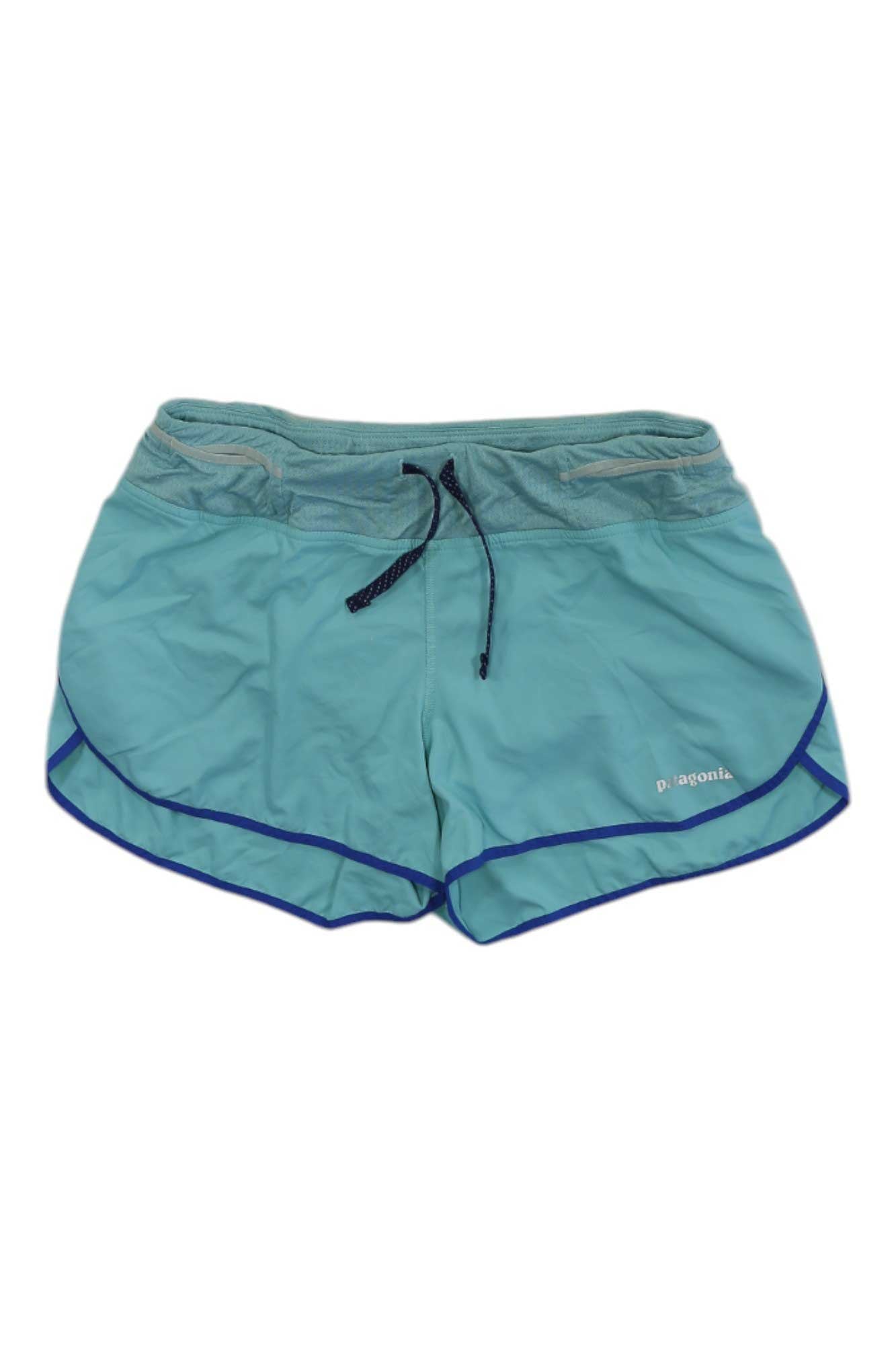 Women's 3-inch teal running shorts with drawstring waist and contrast trim