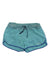Women's 3-inch teal running shorts with drawstring waist and contrast trim