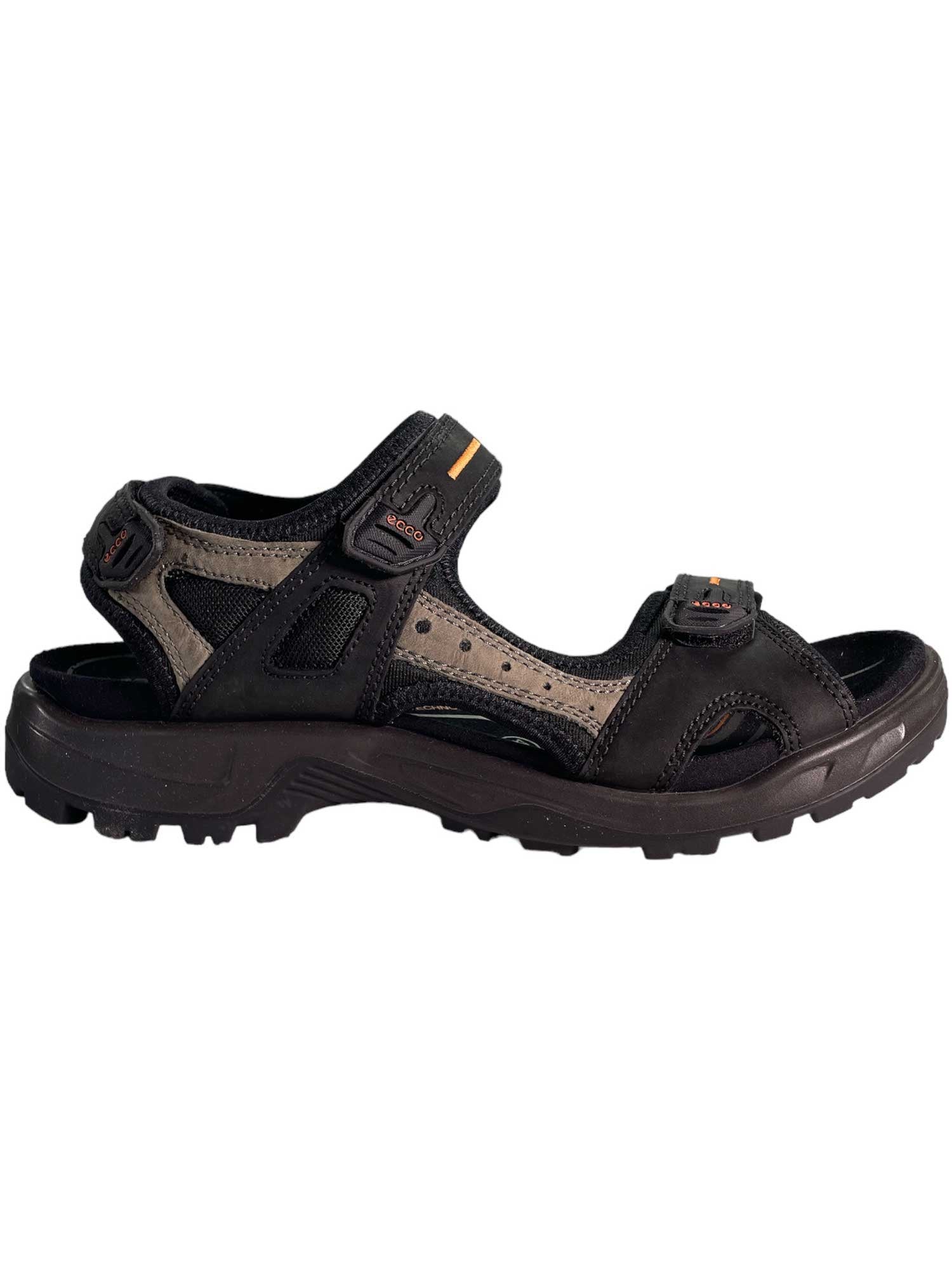 Men's sport sandal, dark brown with beige panels and rugged rubber sole