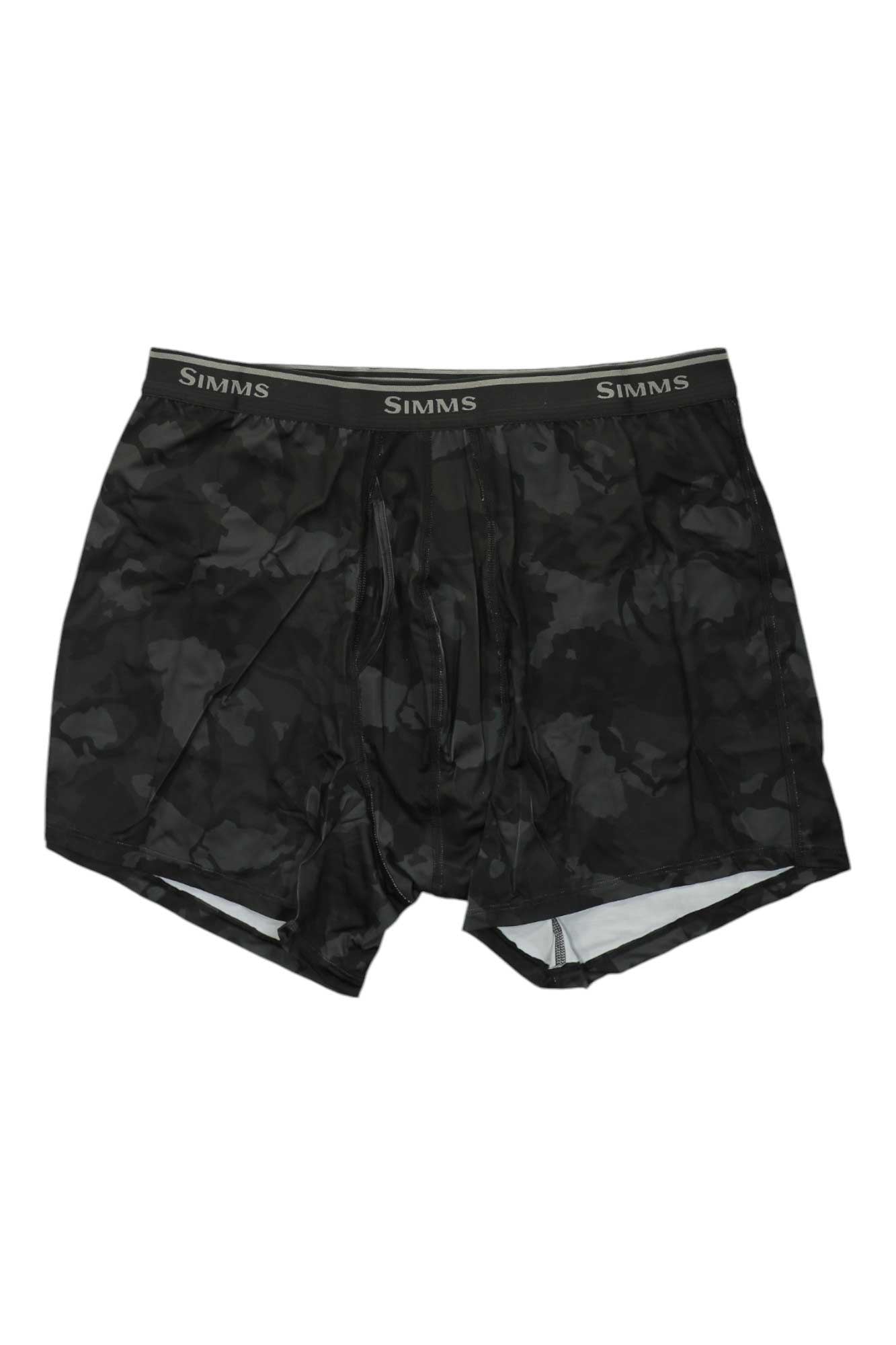 Men's boxer briefs in dark camo, black waistband with SIMMS logo