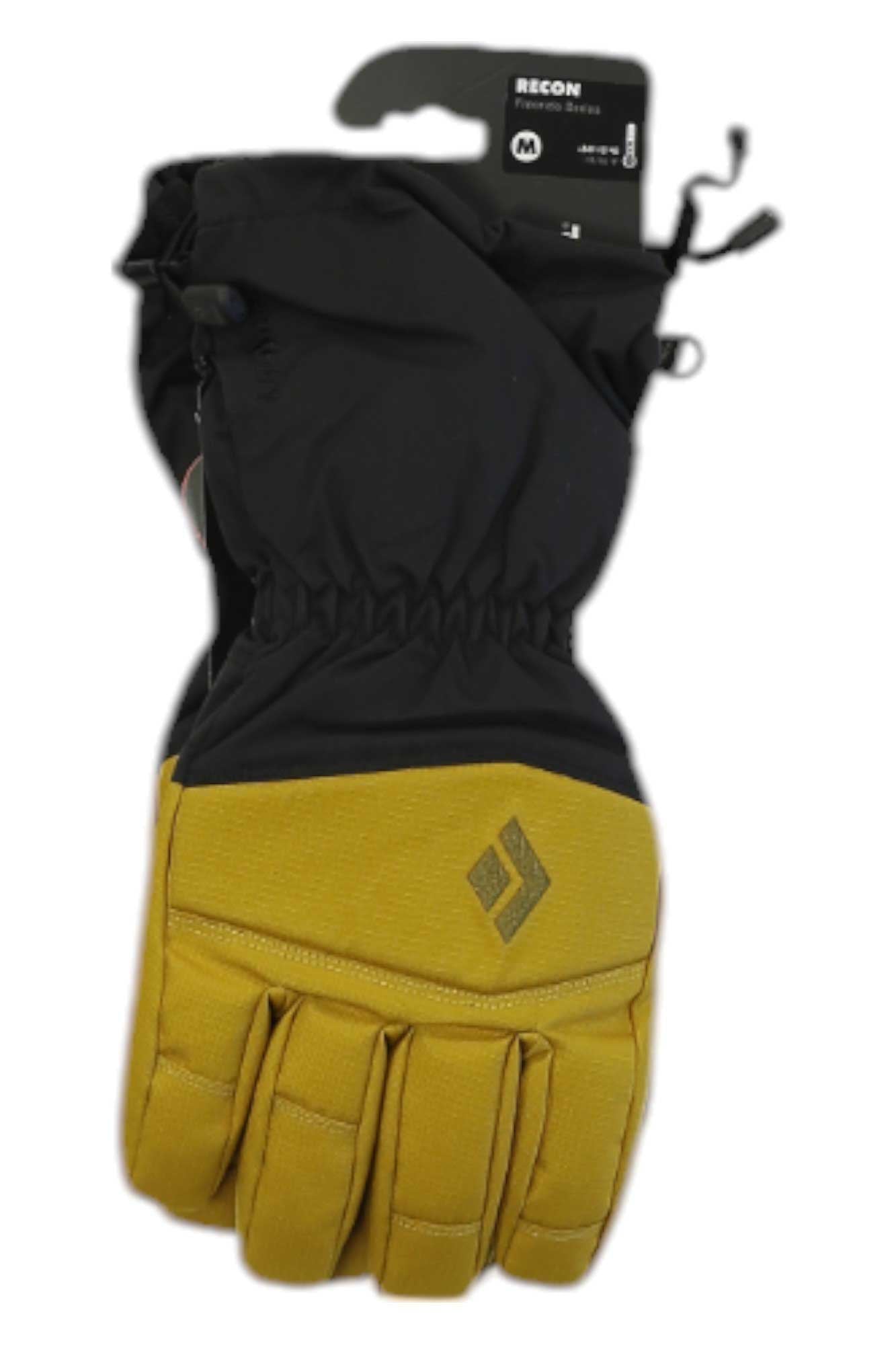 Weather-resistant Black Diamond Recon Gloves feature mustard yellow palms, black uppers, a small diamond-shaped logo, and come in medium size (M) packaging labeled RECON.