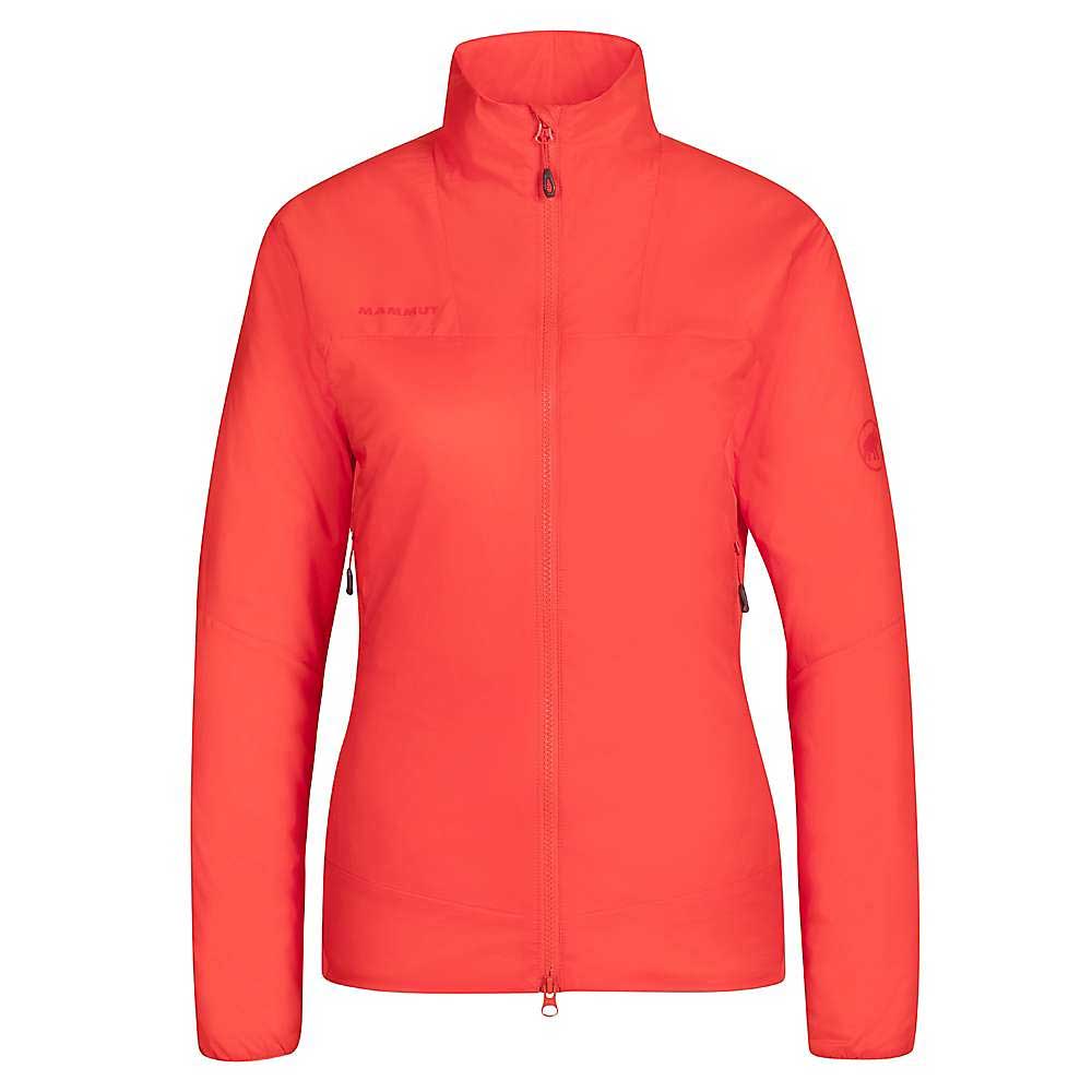 The Mammut Womens Rime IN Hybrid Flex Jacket by Mammut features a vibrant red color, high collar, long sleeves, and zippered side pockets. Designed for breathable warmth, this lightweight insulated jacket is shown against a plain white background.