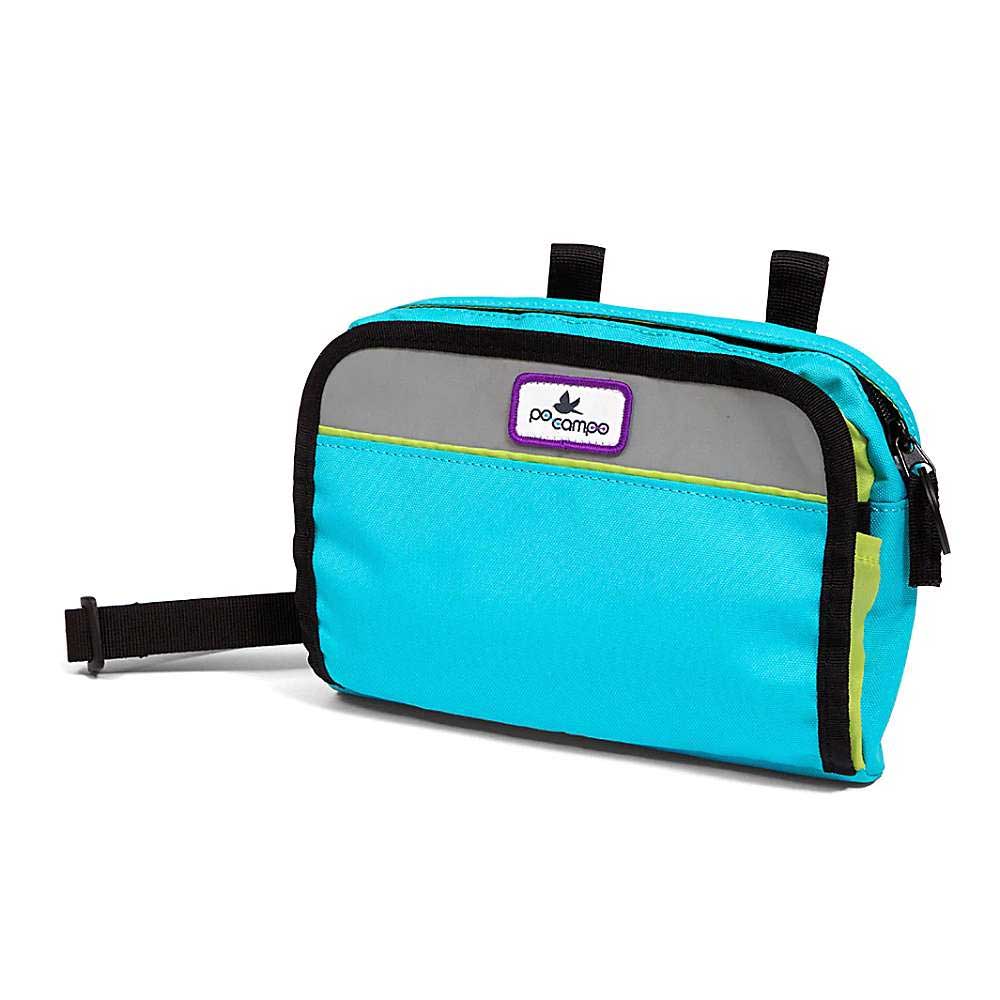 Turquoise handlebar bag with black trim, zip top, and front logo patch