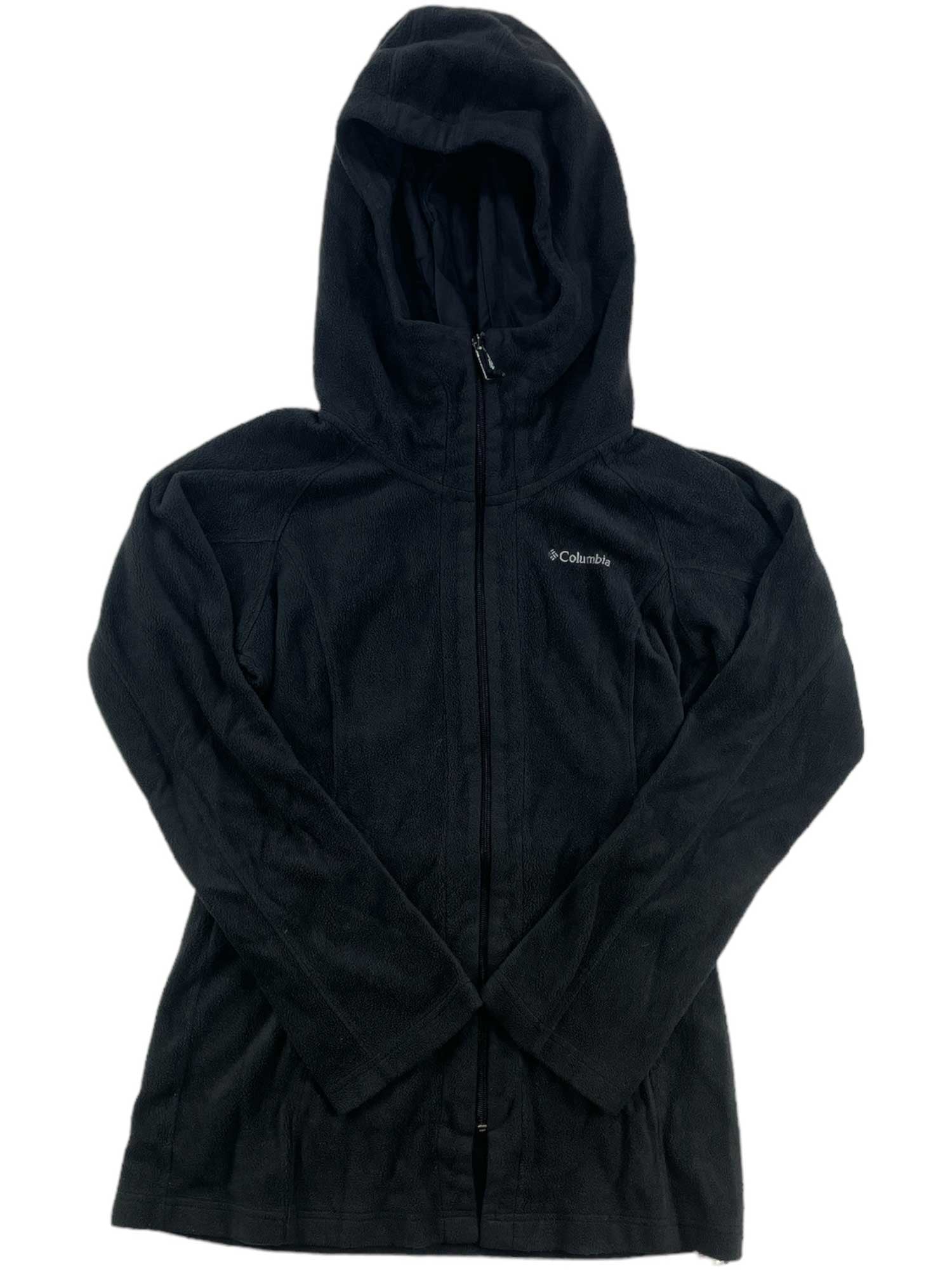 The Womens Full Length Full Zip Fleece Jacket by Columbia is shown in black, flat with crossed sleeves, featuring a hood, long sleeves, full zip design, and the Columbia logo on the left chest.