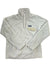 The Women's Re-Tool Snap-T Pullover is a cream long-sleeve recycled polyester fleece with Polartec Thermal Pro for warmth. It features a stand-up collar, snap placket, side pockets, and a contrasting chest pocket with the Patagonia logo.