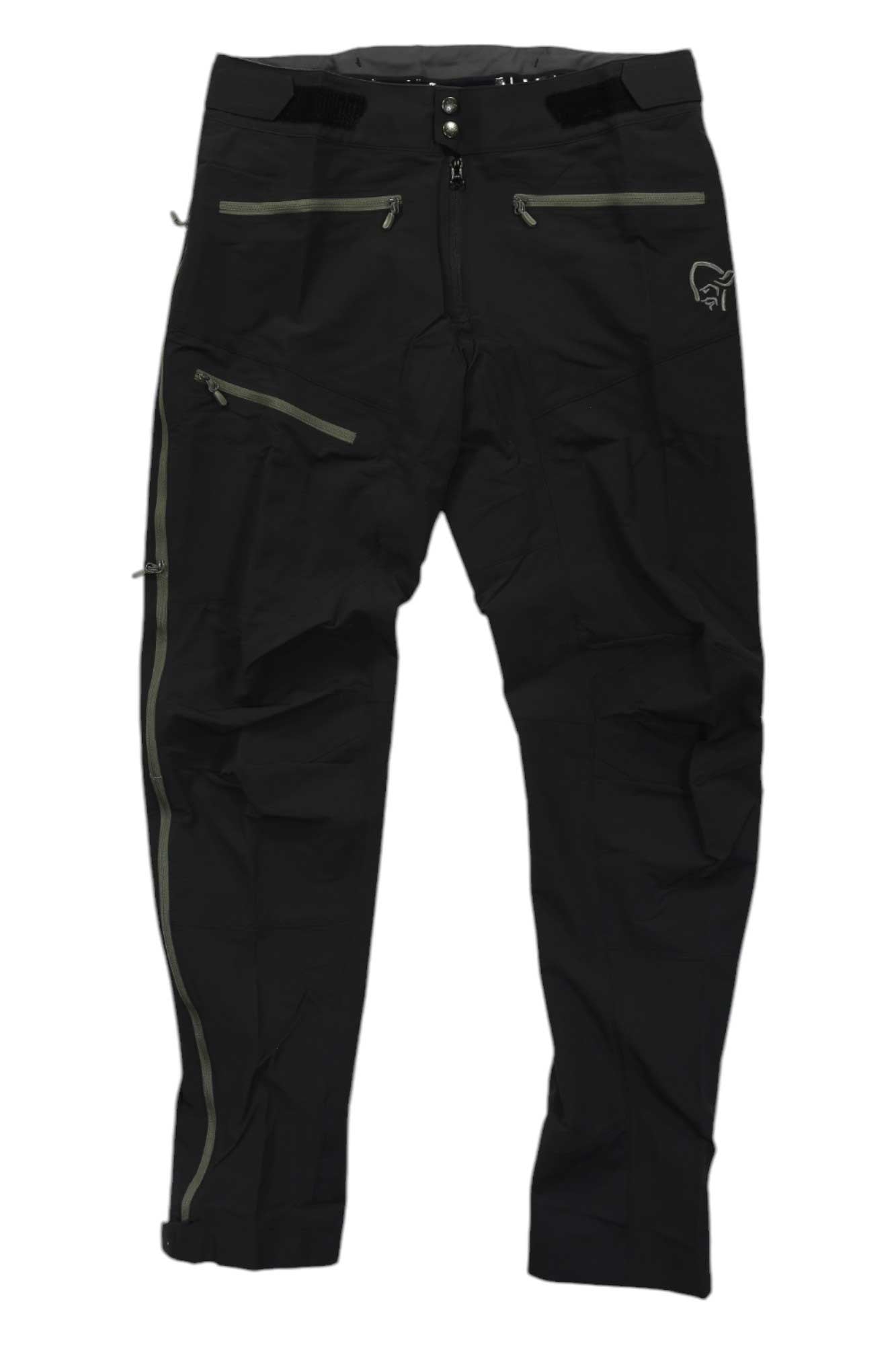 Men's black hiking pants with zip fly, belt loops, and multiple zip pockets