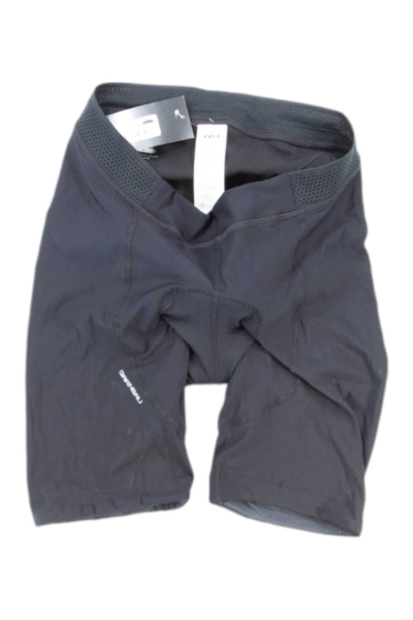 Men's black cycling shorts with curved leg panels and waistband mesh detail